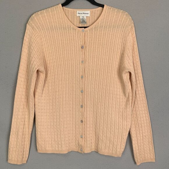 Vintage Rena Rowan Cable Knit Cardigan Peach Size Large Classic Cozy Sweater - Picture 1 of 8